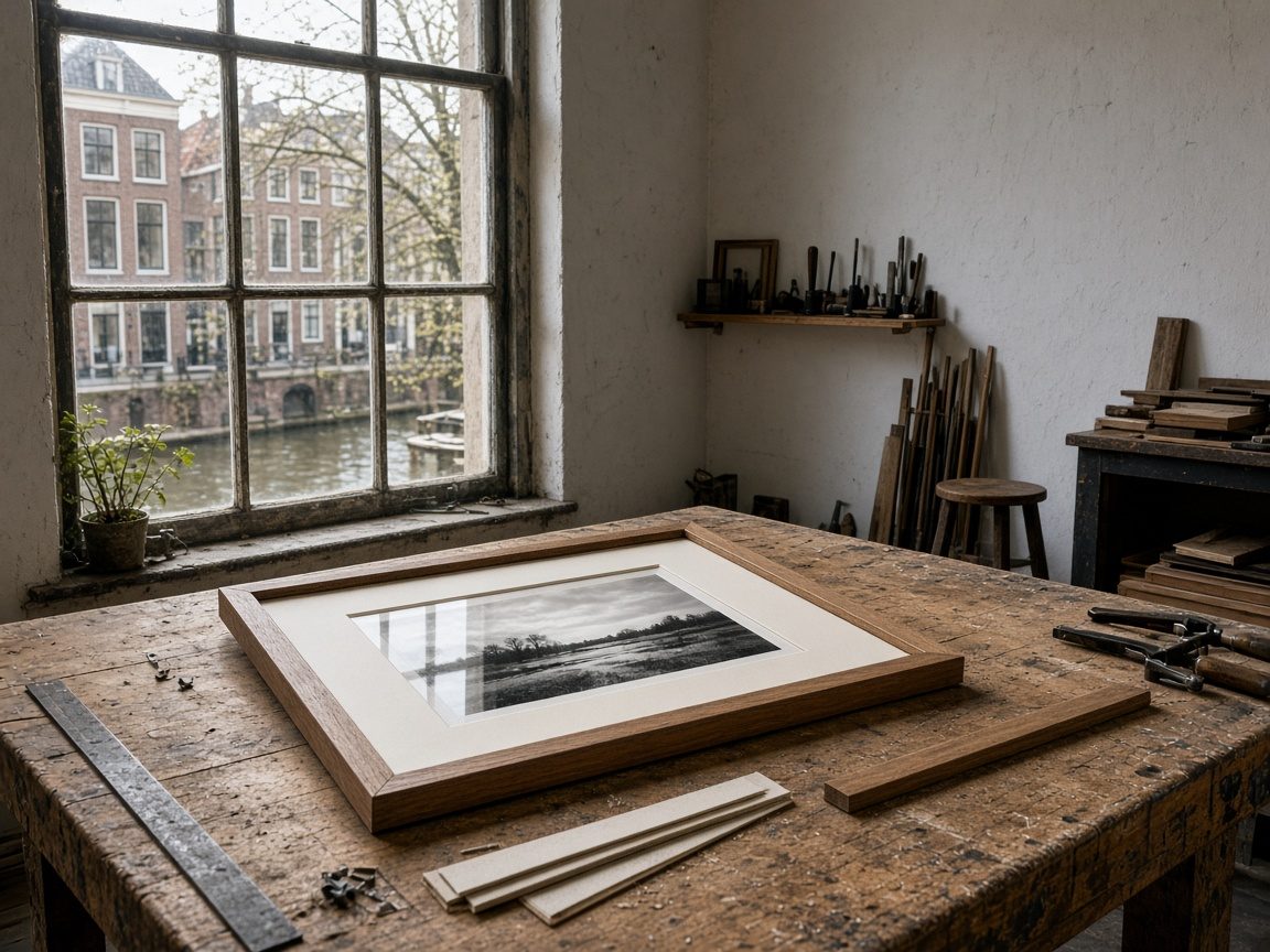 Een eiken lijst met passe-partout op de werkbank aan de Oudegracht